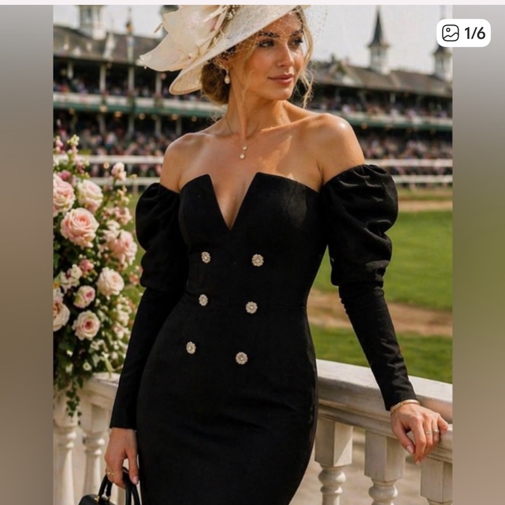 ASOS Black Long Sleeve Off-Shoulder Puff Sleeve Midi Dress